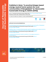Publisher's Note: “A practical biogas based energy neutral home system for rural communities of Bangladesh” [J. Renewable Sustainable Energy 8, 023101 (2016)]