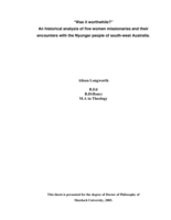 Was it worthwhile?: An historical analysis of five women missionaries and their encounters with the Nyungar people of south-west Australia