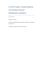 Lest We Forget: A critical analysis of Australian Veterans' Entitlements Legislation