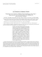 Erratum: Population level analysis of human immunodeficiency virus type 1 hypermutation and its relationship with APOBEC3G and vif genetic variation (Journal of Virology (2006) 80, 18, (9259-9269))