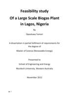 Feasibility study of a large scale biogas plant in Lagos, Nigeria