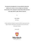 Development and application of survey methods to determine habitat use in relation to forest management and habitat characteristics of the endangered numbat (Myrmecobius fasciatus) in the Upper Warren region, Western Australia