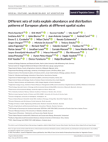 Different sets of traits explain abundance and distribution patterns of European plants at different spatial scales
