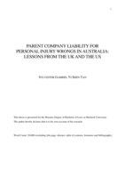 Parent company liability for personal injury wrongs in Australia: Lessons from the UK and the US