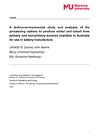 A techno-environmental study and analyses of the processing options to produce nickel and cobalt from primary and non-primary sources available in Australia for use in battery manufacture